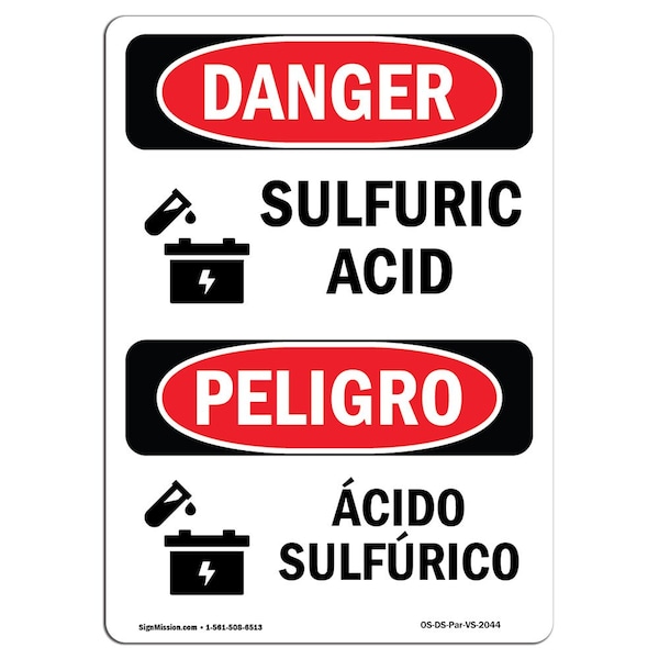 Safety Sign, OSHA Danger, 5" Height, Acido Sulforico, Bilingual Spanish, 10PK